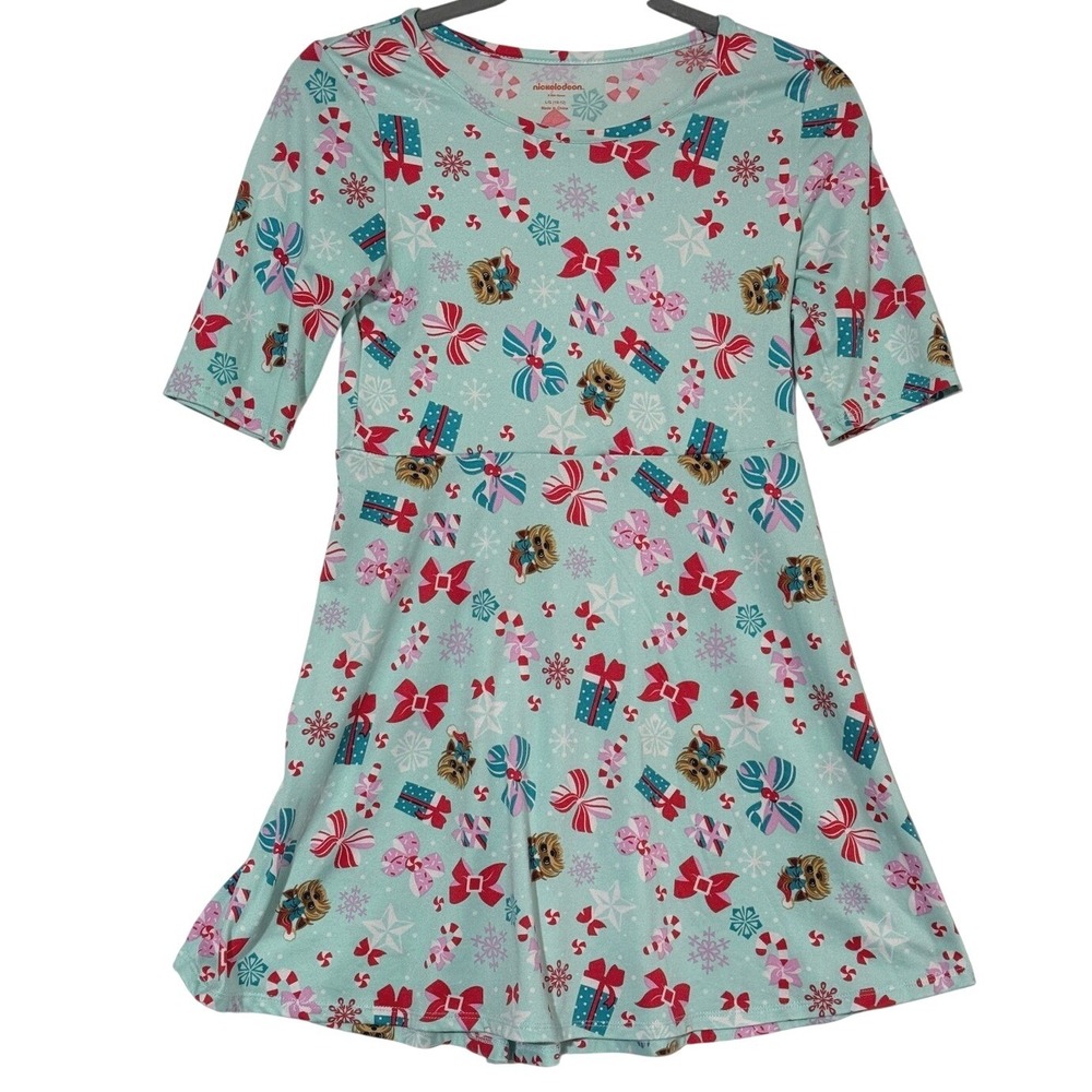 Nickelodeon Kids L 10/12 Christmas Holiday Dress Gifts Bows Dogs Snowflakes Aqua